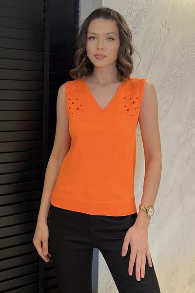 GÜLSELİ Neon Orange Women's V-Neck Zero Sleeve Knitwear Blouse