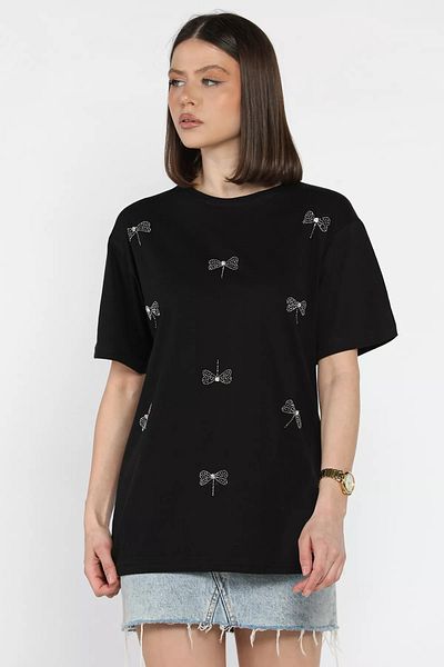 GÜLSELİ Tricou de damă cu decolteu cu fundă neagră Stone
