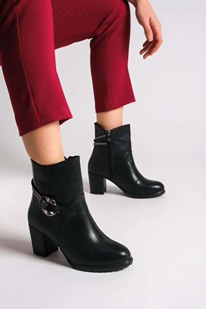 Joy Ayakkabı EDNA حذاء نسائي عظمي بسحاب ونعل عظمي وكعب من الحجر CST - أسود