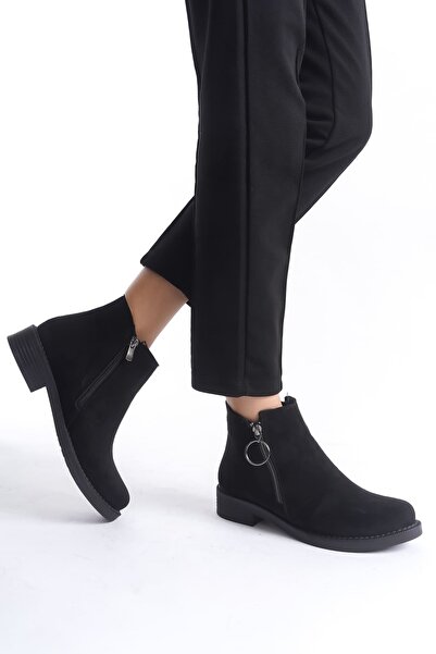 Baybonza Margaret zippered orthopedic sole heeled suede women's boot sst - black