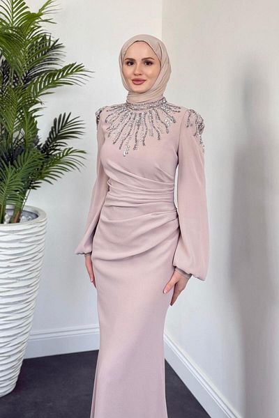 MERVEN AKYÜZ Aleda Fish Glitter Evening Dress Stone