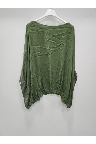 della moor Women's Khaki Italian Bat Sleeve Silk Blouse with Sequin Detail