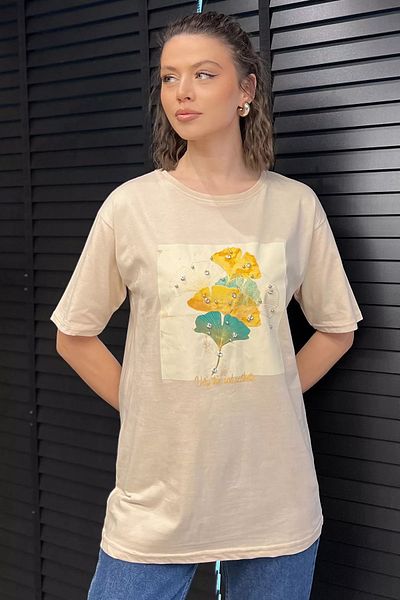 GÜLSELİ Tricou de damă bej cu decolteu rotund imprimat Stone