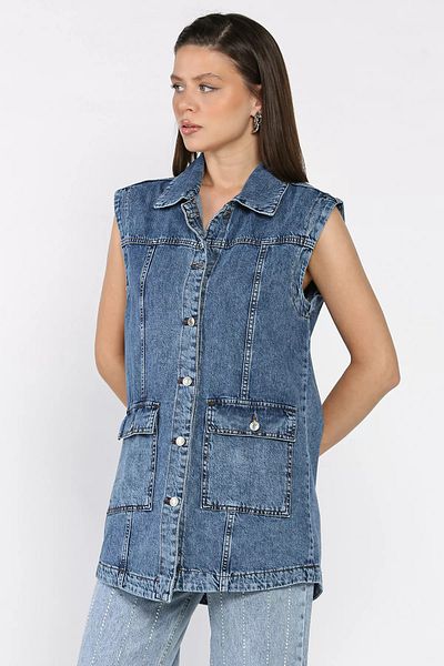 GÜLSELİ Vestă de blugi pentru femei, albastru bleumarin, cu buzunare duble