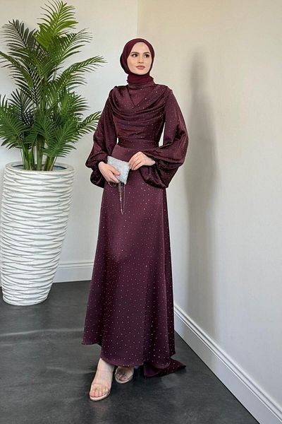 MERVEN AKYÜZ Βραδινό φόρεμα με γιακά Areka Stone Tail Degaje Plum