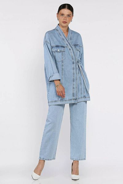 GÜLSELİ Ice Blue Side Tie Jean Denim Jacket Trousers Two Piece Set