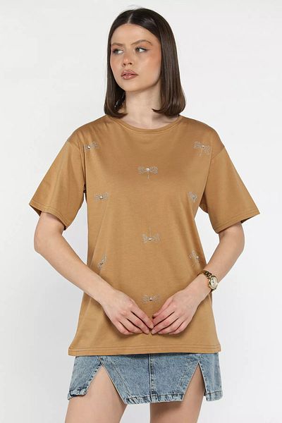 GÜLSELİ Tricou pentru damă Biscuit Bow Stone Crew Neck
