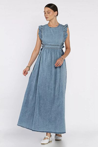 GÜLSELİ Rochie de blugi pentru femei Ice Blue, cu talie legată