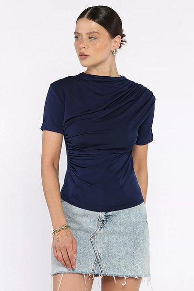 GÜLSELİ Navy Blue Women's Shoulder and Waist Draped Short Sleeve Blouse