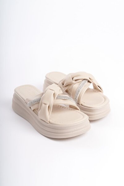 Baybonza Clara Flat Heeled Ribbon Patterned Stone Thick and Orthopedic Sole Women's Slippers Ckt - Cream