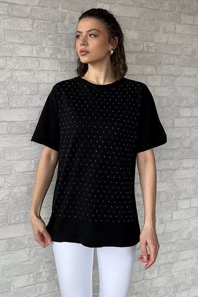 GÜLSELİ Tricou negru pentru femei cu decolteu rotund Stone Front
