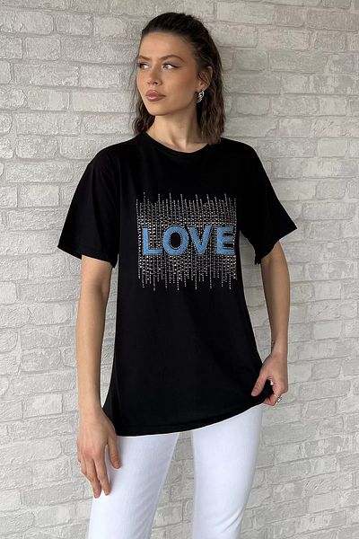 GÜLSELİ Tricou negru pentru femei Love Stone Crew Neck