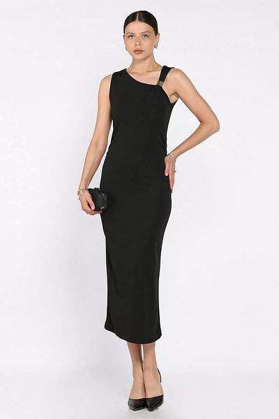 GÜLSELİ Black Women's Waist Gathered Lycra Dress with Shoulder Accessory Detail