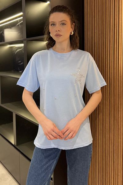 GÜLSELİ Tricou de damă cu decolteu cu stea albastru deschis