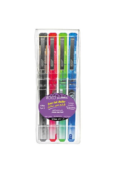 Roco Liquid Ink Pen Set – Black, Blue, Green, Red Ink Colors, 0.7 mm Cone Tip, 4 Pieces