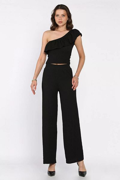 GÜLSELİ Black Women's Self Patterned One Shoulder Blouse Pants Double Suit