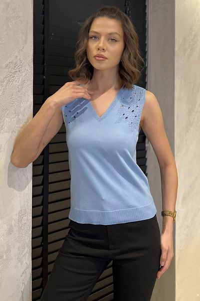GÜLSELİ Baby Blue Women's V-Neck Zero Sleeve Knitwear Blouse