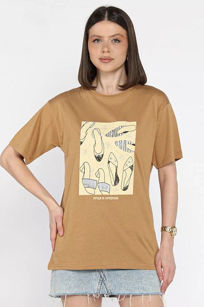 GÜLSELİ Tricou de damă Biscuit cu decolteu în formă de piatră brodat imprimat