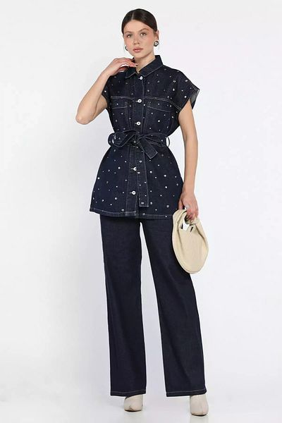 GÜLSELİ Dark Blue Staple Detailed Belted Women's Vest Trousers Women's Jean Jeans Two-Piece Set