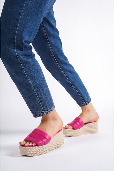 Joy Ayakkabı Reina Wedge Heeled Orthopedic Sole Straw Look Women's Slippers Ckt - Fuchsia