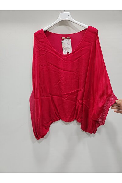 Luisido Kadın Kırmızı İtalyan Yarasa Kol Pul Detaylı İpek Bluz