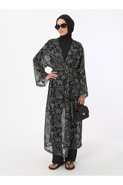 Mayo Bella Shawl Pattern Kimono - Black and White -