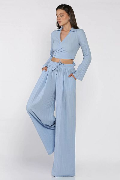 GÜLSELİ Baby Blue Double Breasted Collar Waist Lace up Blouse Pants Double Suit