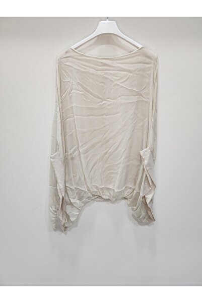 della moor Women's Beige Italian Bat Sleeve Silk Blouse with Sequin Detail