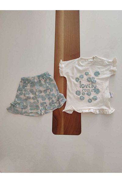 MOEBOON Lovely Rose Written Muslin Shorts Bottom Top Summer Baby Girl Set with Shoulder Clips