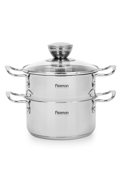 Fissman Cooking Pot 1.1L w/ Steamer Stainless Steel Stockpot with Glass Lid 14x7.0cm Dishwasher Safe
