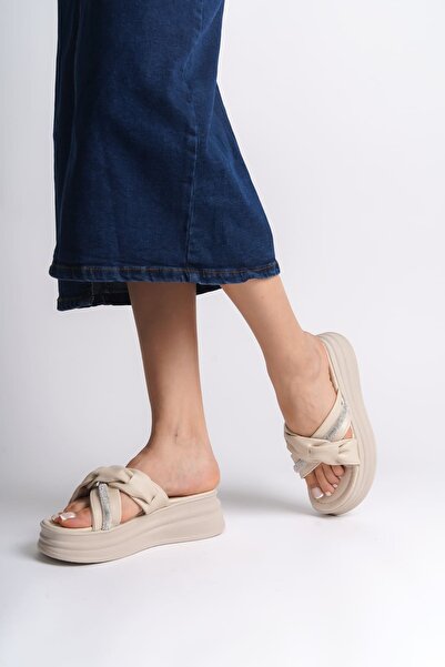 Baybonza Clara Flat Heeled Ribbon Patterned Stone Thick and Orthopedic Sole Women's Slippers Ckt - Cream