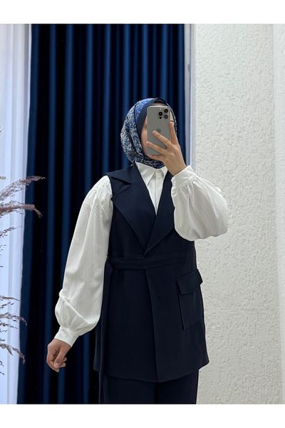 Mihra Veloria Μονό Τσέπη Πλαϊνό Δεμένο Γιλέκο Κοστούμι-ML3043 Navy Blue