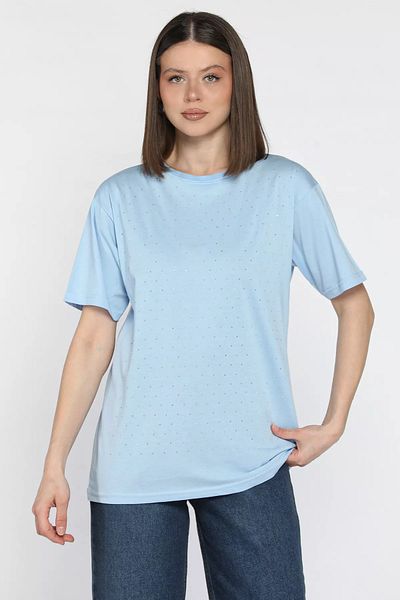 GÜLSELİ Tricou de damă albastru deschis cu decolteu cu piatră în față