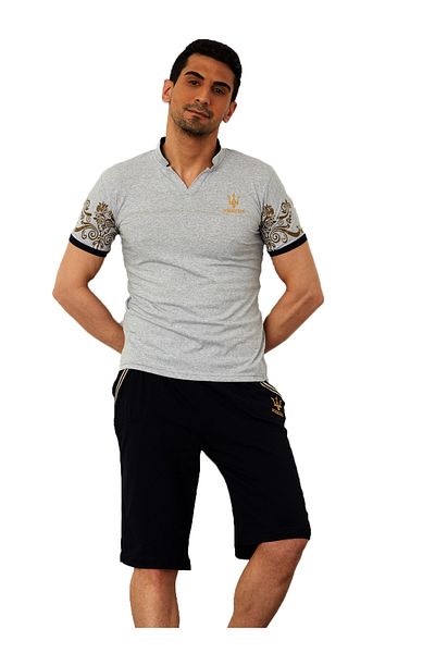 ixir Embroidery and Chest Crest T-Shirt Shorts Capri Set Gray