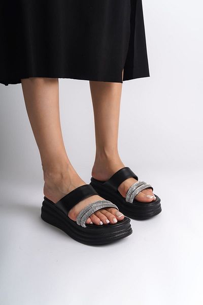 Joy Ayakkabı Sarah Flat Heeled Stone Striped Thick and Orthopedic Sole Women's Slippers Cst - Black
