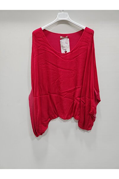 Luisido Kadın Kırmızı İtalyan Yarasa Kol Pul Detaylı İpek Bluz