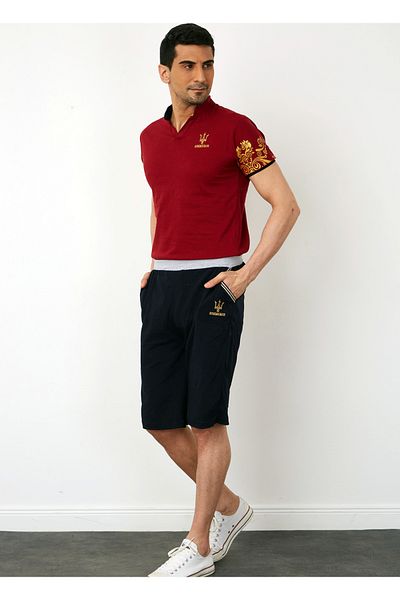 ixir Embroidery and Chest Crest T-Shirt Shorts Capri Set Burgundy