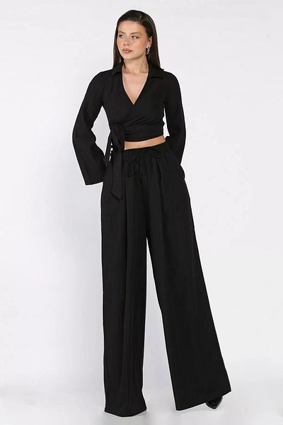 GÜLSELİ Black Double Breasted Collar Waist Lace up Blouse Pants Double Suit