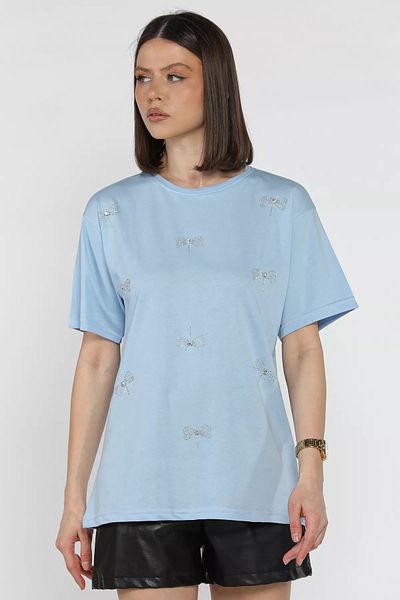GÜLSELİ Tricou de damă cu decolteu cu fundă albastru deschis