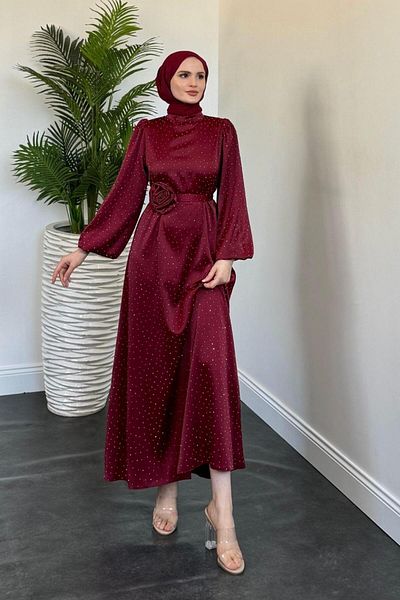 MERVEN AKYÜZ Margherita Stone Balloon Sleeve Evening Dress Cherry Rot