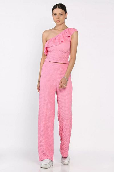 GÜLSELİ Pink Women's Self Patterned One Shoulder Blouse Pants Double Suit