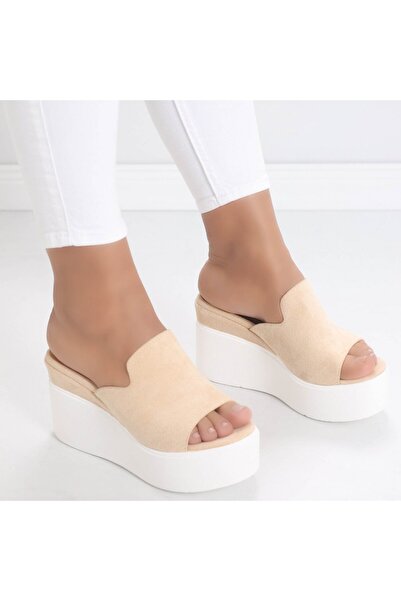 Botinelli Papuci de damă bej cu platformă, din piele întoarsă Dejota, mărimea 40