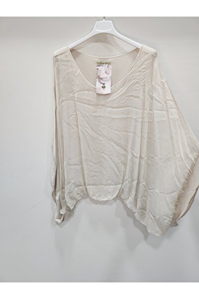 della moor Women's Beige Italian Bat Sleeve Silk Blouse with Sequin Detail