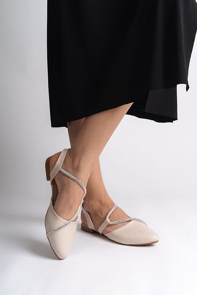 Joy Ayakkabı Hannah Elastic Orthopedic Comfortable Sole Stone Detailed Women's Ballerina Shoes Ckt - Cream