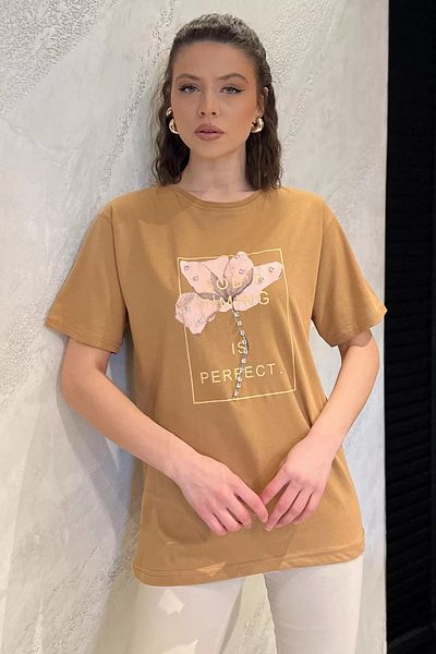 GÜLSELİ Tricou de damă cu imprimeu cu gât de bicicletă Biscuit