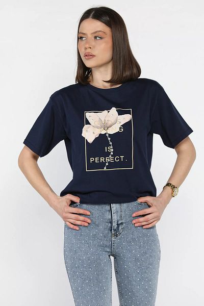 GÜLSELİ Tricou de damă cu imprimeu cu detaliu de piatră, albastru bleumarin