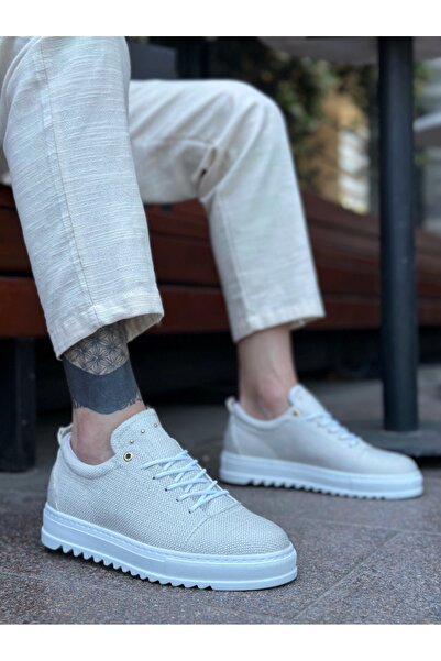 EBRUS TREND Et0152 Lace-Up High Sole Cream Linen Men's Shoes