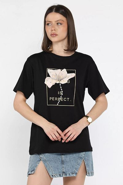 GÜLSELİ Tricou negru pentru damă, cu decolteu rotund, cu imprimeu cu detalii de piatră