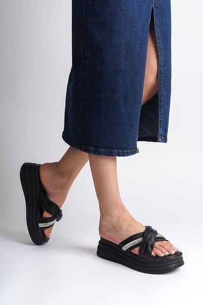 Joy Ayakkabı Clara Flat Heeled Ribbon Patterned Stone Thick and Orthopedic Sole Women's Slippers Cst - Black