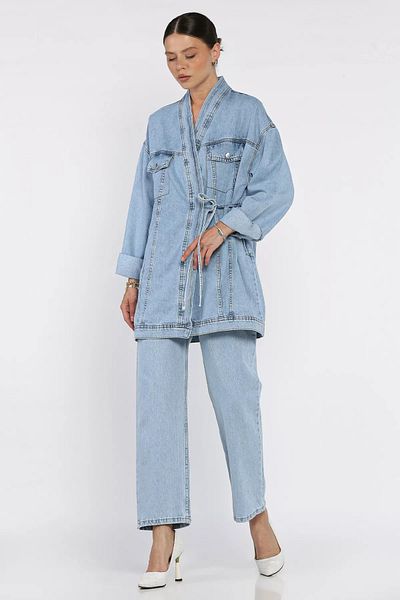 GÜLSELİ Ice Blue Side Tie Jean Denim Jacket Trousers Two Piece Set